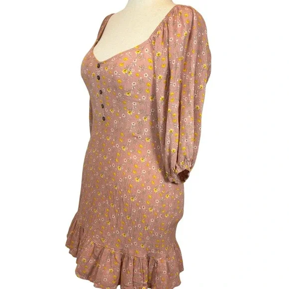 Floral Mini Dress Medium Dusty Rose Puff Sleeves Smocked Back Ruffle Hem Boho - Picture 3 of 11